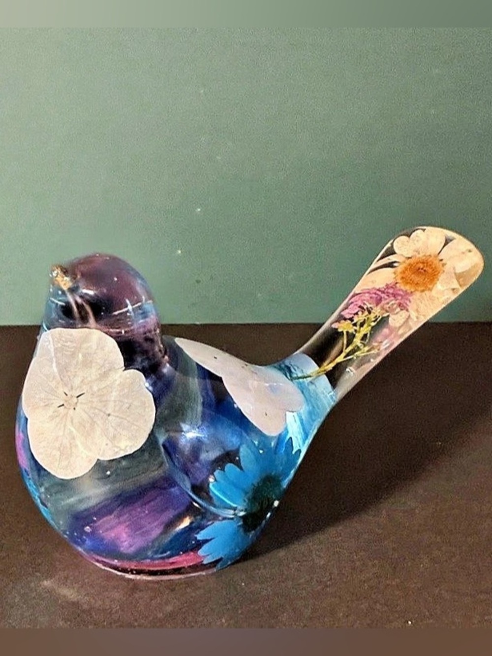 Handcrafted “Azure Bloom” Botanical Resin Bird Figurine - Large